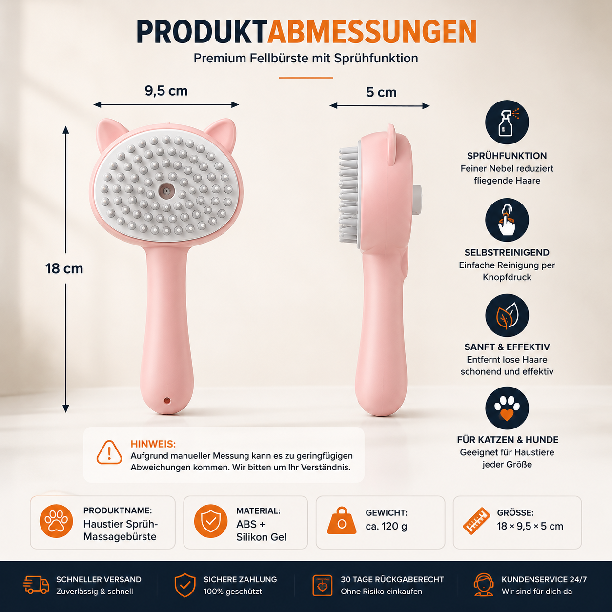 Premium Fellbürste mit Sprühfunktion – Selbstreinigende Katzen- & Hundebürste