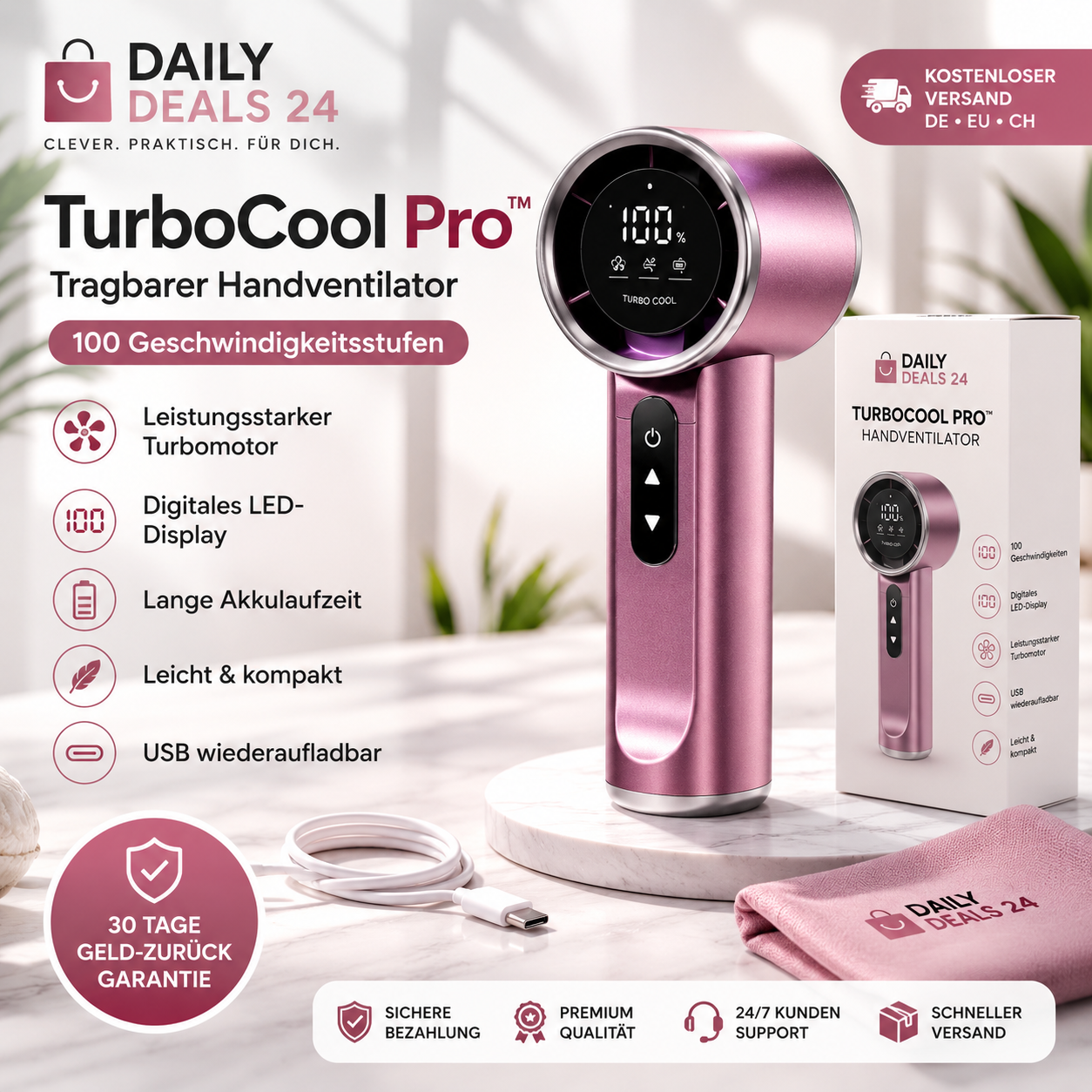 TurboCool Pro™ – Tragbarer Handventilator mit Digitaldisplay | 100 Geschwindigkeiten