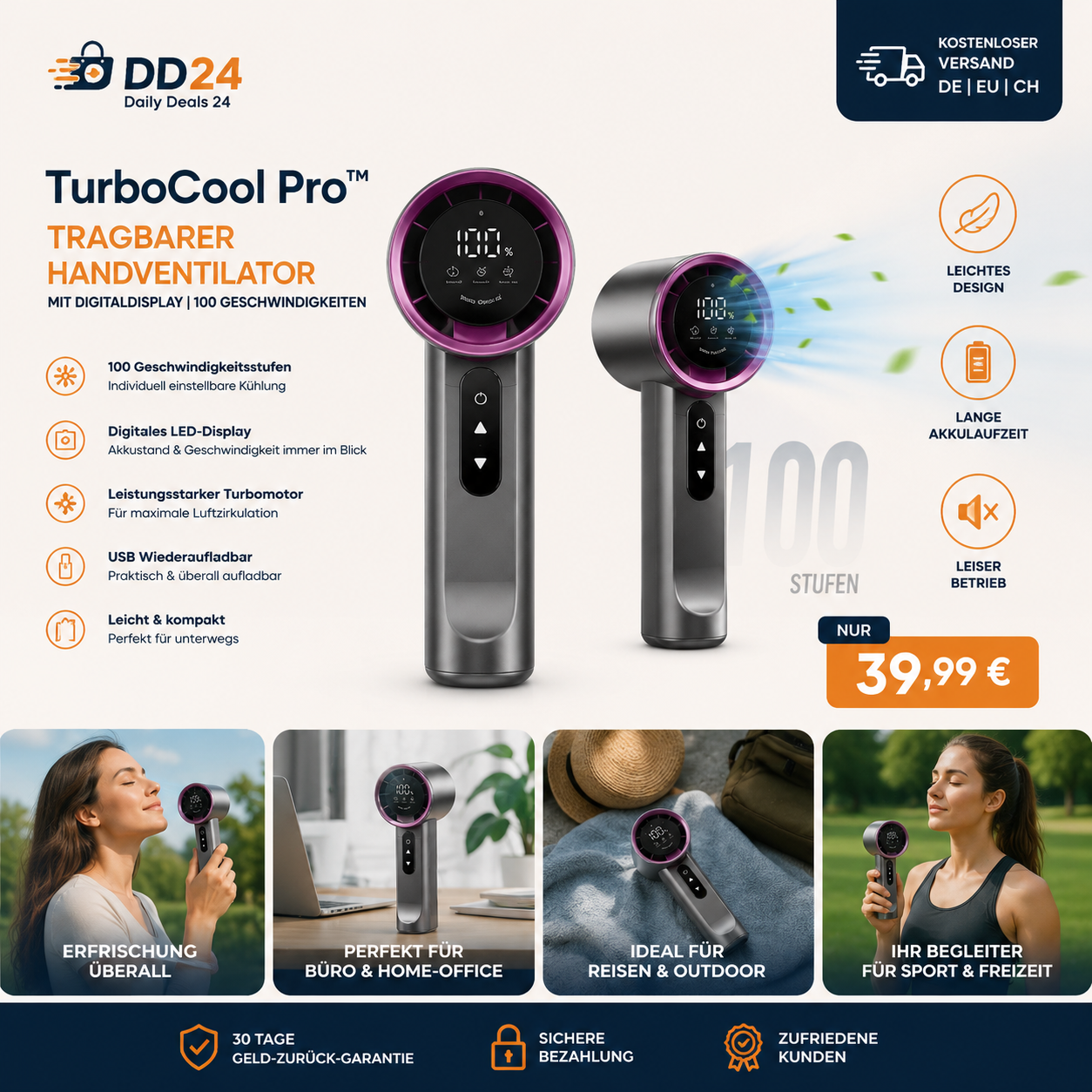 TurboCool Pro™ – Tragbarer Handventilator mit Digitaldisplay | 100 Geschwindigkeiten