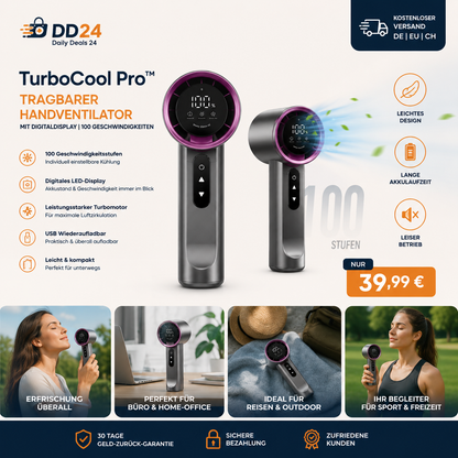 TurboCool Pro™ – Tragbarer Handventilator mit Digitaldisplay | 100 Geschwindigkeiten