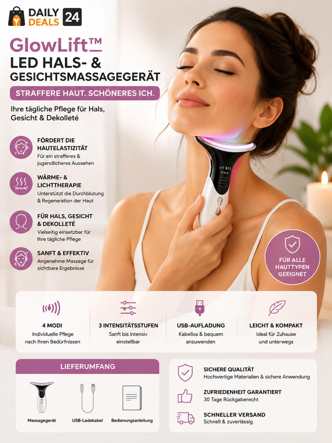 GlowLift™ 3-in-1 LED Halsmassagegerät | Für Gesicht, Hals & Dekolleté