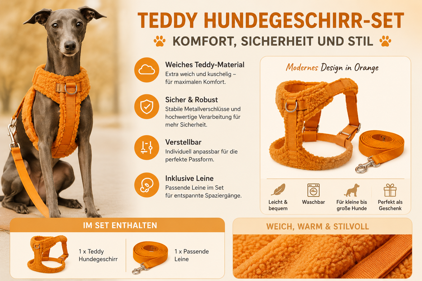 Teddy Hundegeschirr-Set mit Leine | Weiches Sherpa-Geschirr | Orange