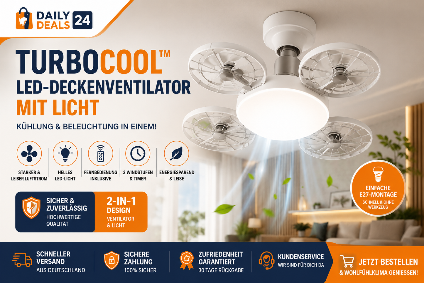 TurboCool™ 2-in-1 LED-Deckenventilator mit Licht | Leise, energiesparend & Fernbedienung