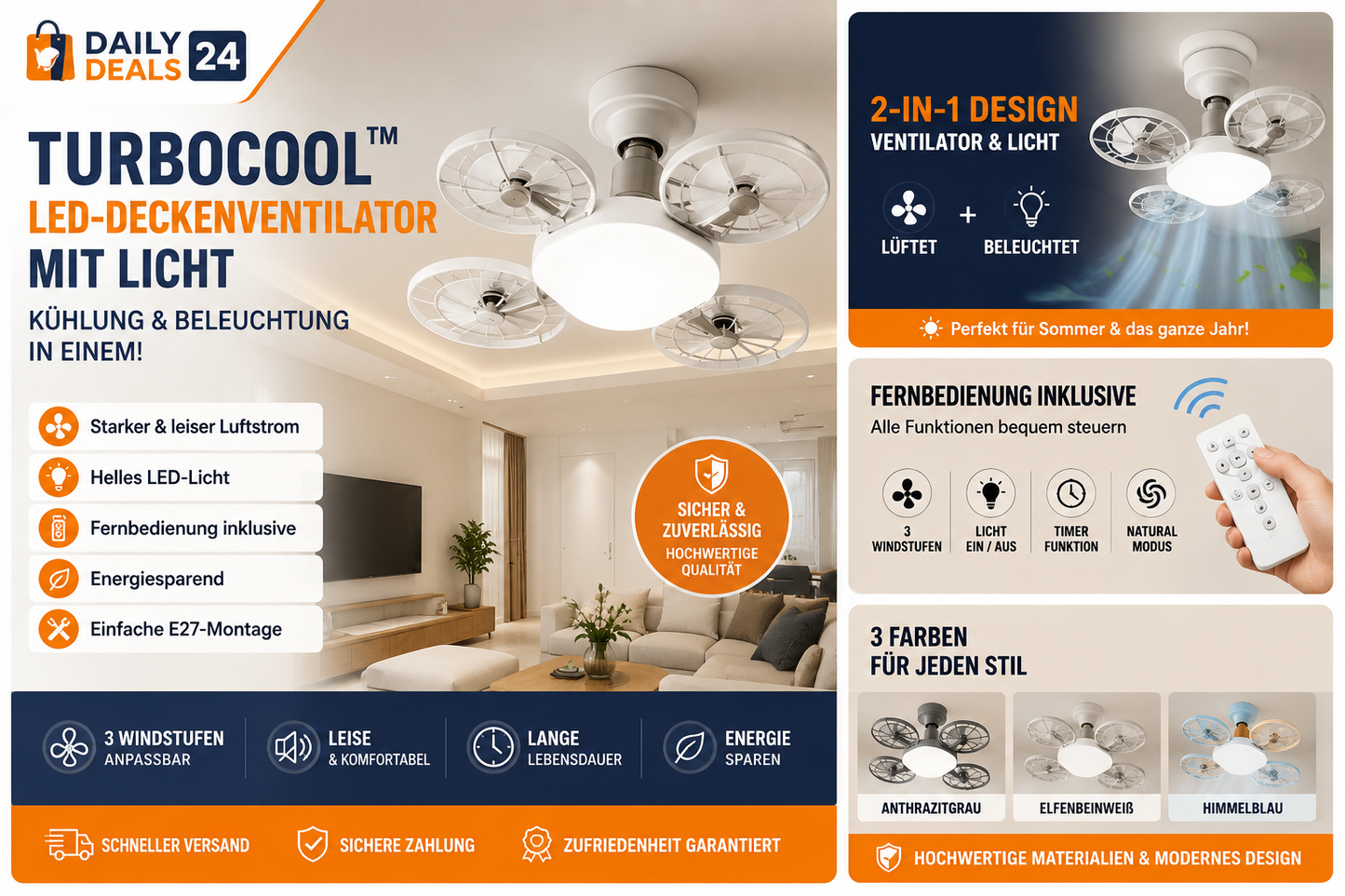 TurboCool™ 2-in-1 LED-Deckenventilator mit Licht | Leise, energiesparend & Fernbedienung