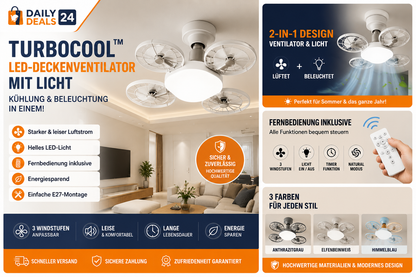 TurboCool™ 2-in-1 LED-Deckenventilator mit Licht | Leise, energiesparend & Fernbedienung