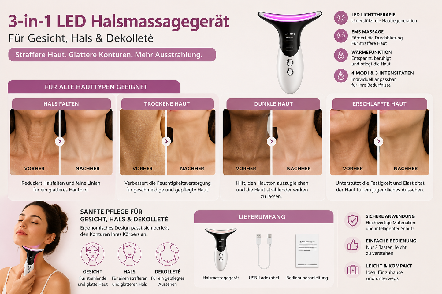 GlowLift™ 3-in-1 LED Halsmassagegerät | Für Gesicht, Hals & Dekolleté